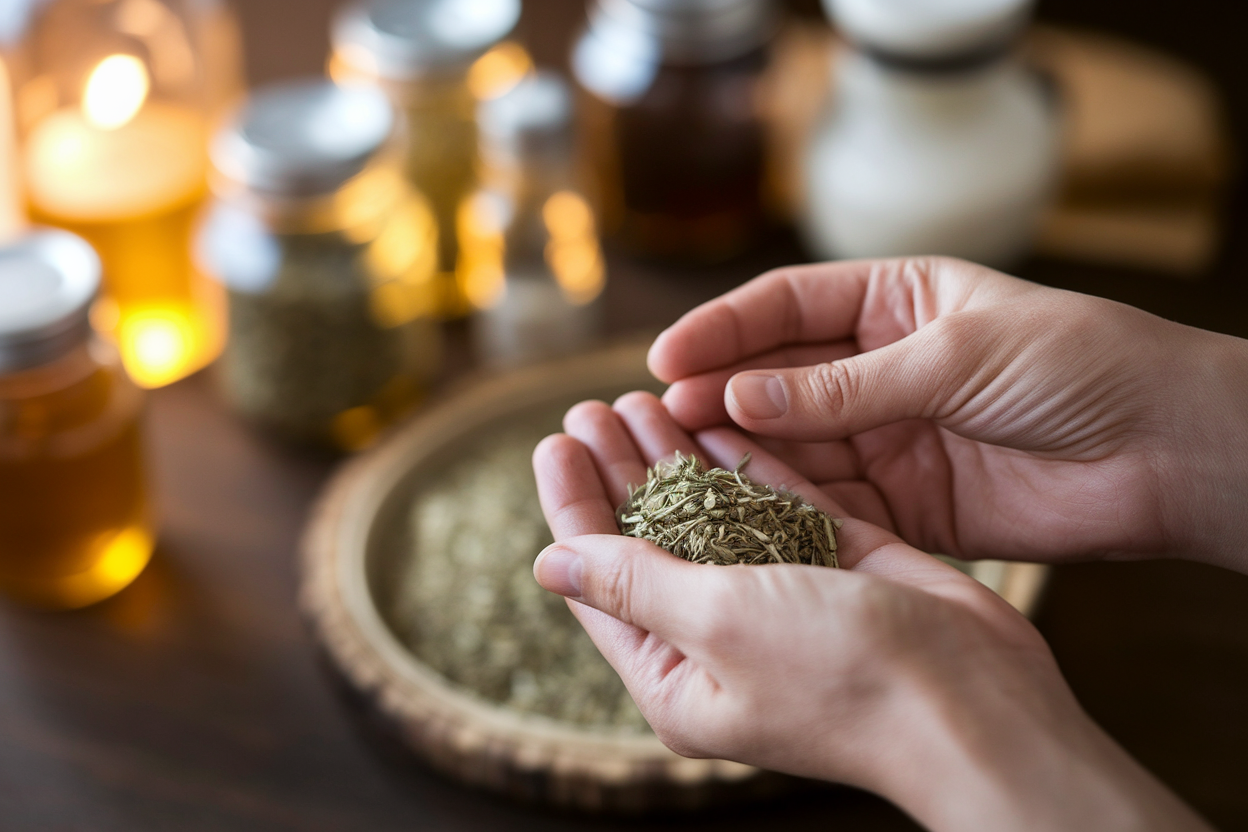 cuisine-chaleureuse-mains-herbes-sechees-bocaux