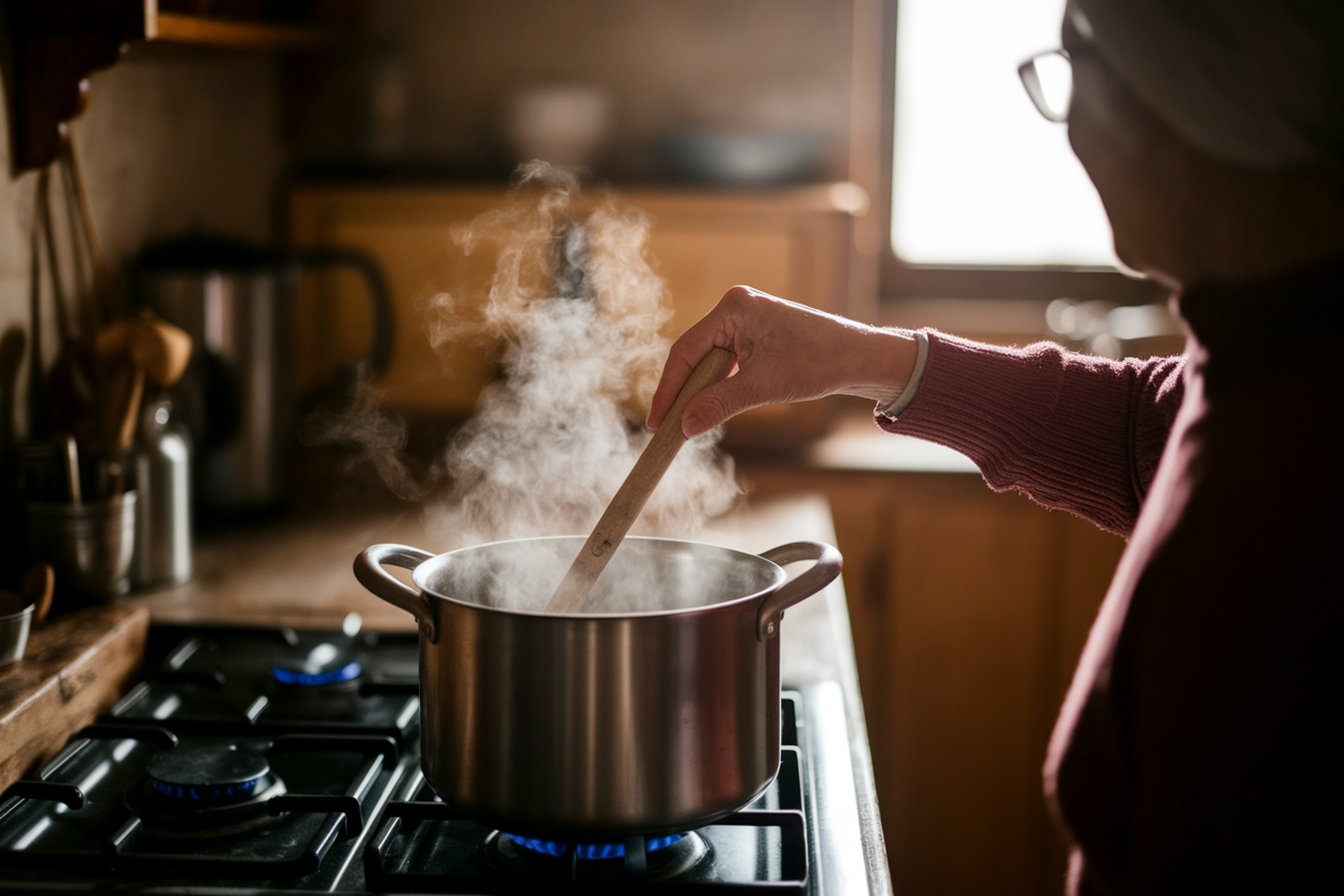 cuisine-rustique-femme-agee-marmite-vapeur