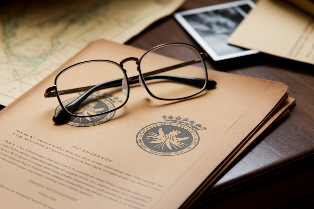 document-vintage-emblemes-militaires-lunettes-bureau-bois