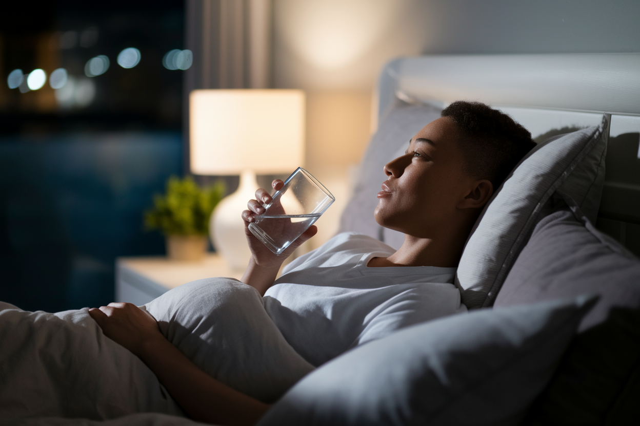 personne-lit-oreillers-verre-eau